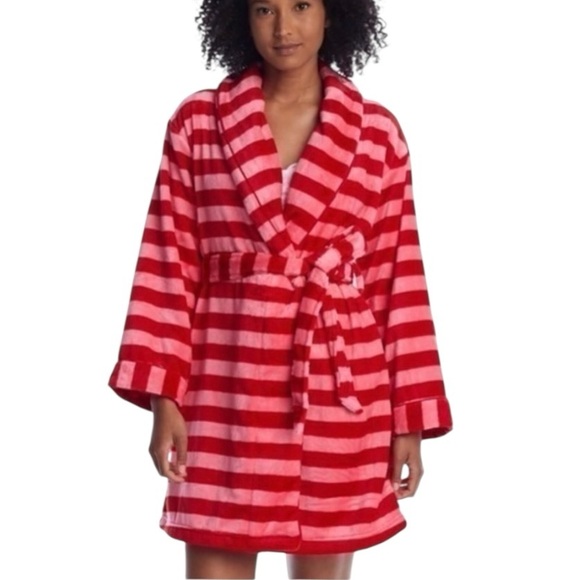 kate spade Other - Kate Spade Red Pink Striped Plush Robe Medium Shawl Collar Tie Waist Pockets